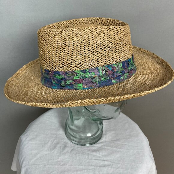Vintage DPC Dorfman Pacific Co Straw Hat Tropical Trim Parrots Floral Vacation - Picture 6 of 14